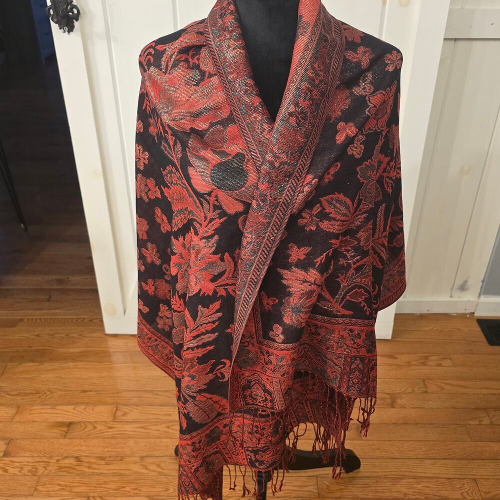 Susan Graver Floral Red Scarf Shawl Wrap